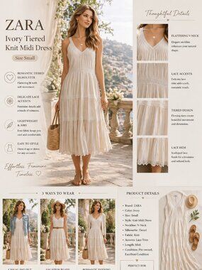 ZARA Tiered Midi Dress S Ivory Lace Trim Sleeveless Boho Cottagecore Boho Summer